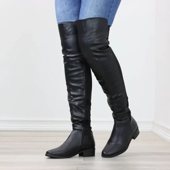 Low Heel Thigh High Boots Over The Knee Faux Leather & Stretchy Material Mix - Picture 8 of 15